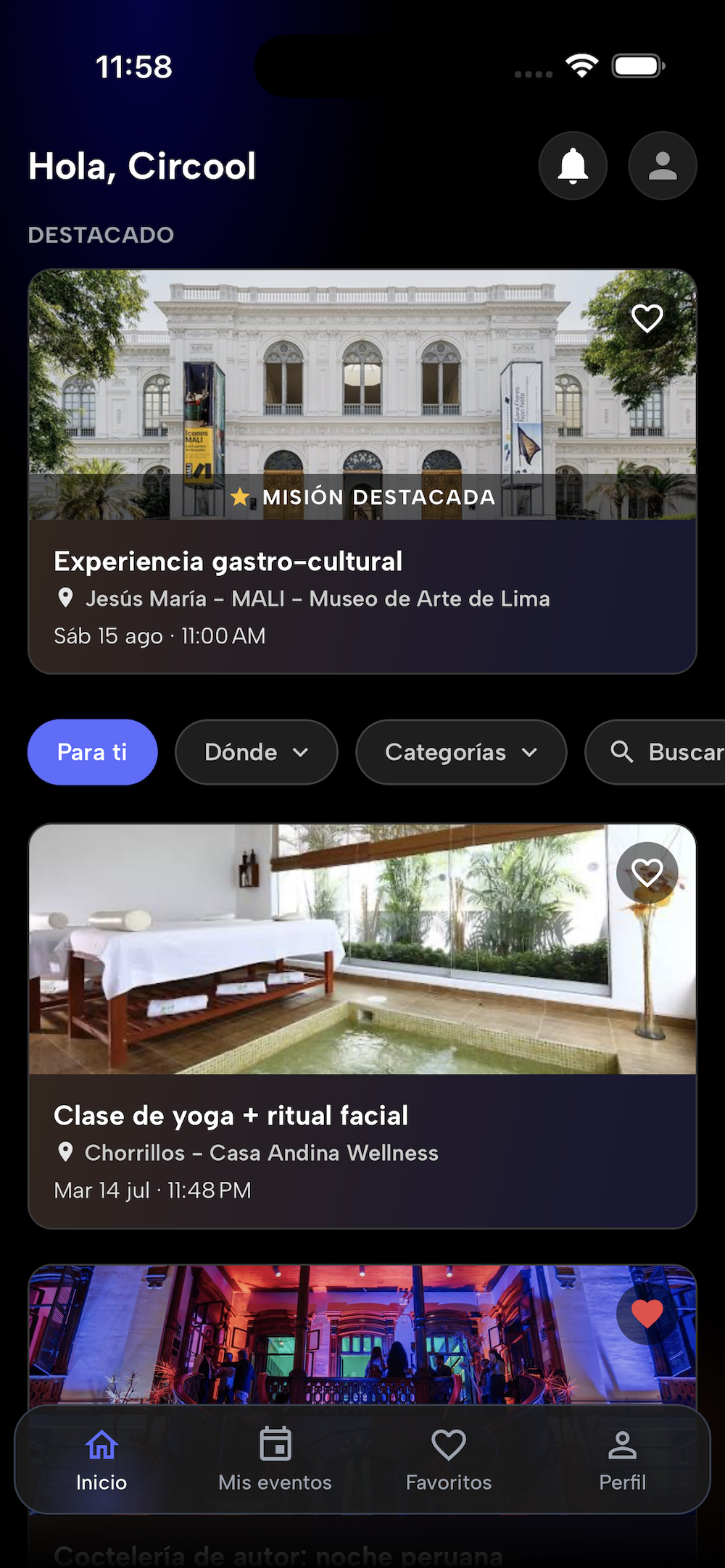 App Circool mostrando experiencias disponibles